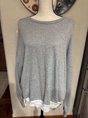 Ann Taylor Light Gray Crewneck Sweater with White Ruffle Hem